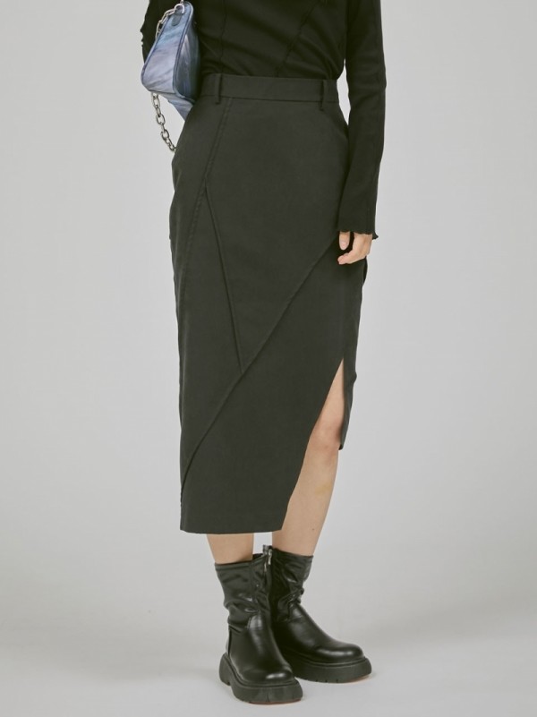 뮤직브로샵,Black Patch Slit Skirt